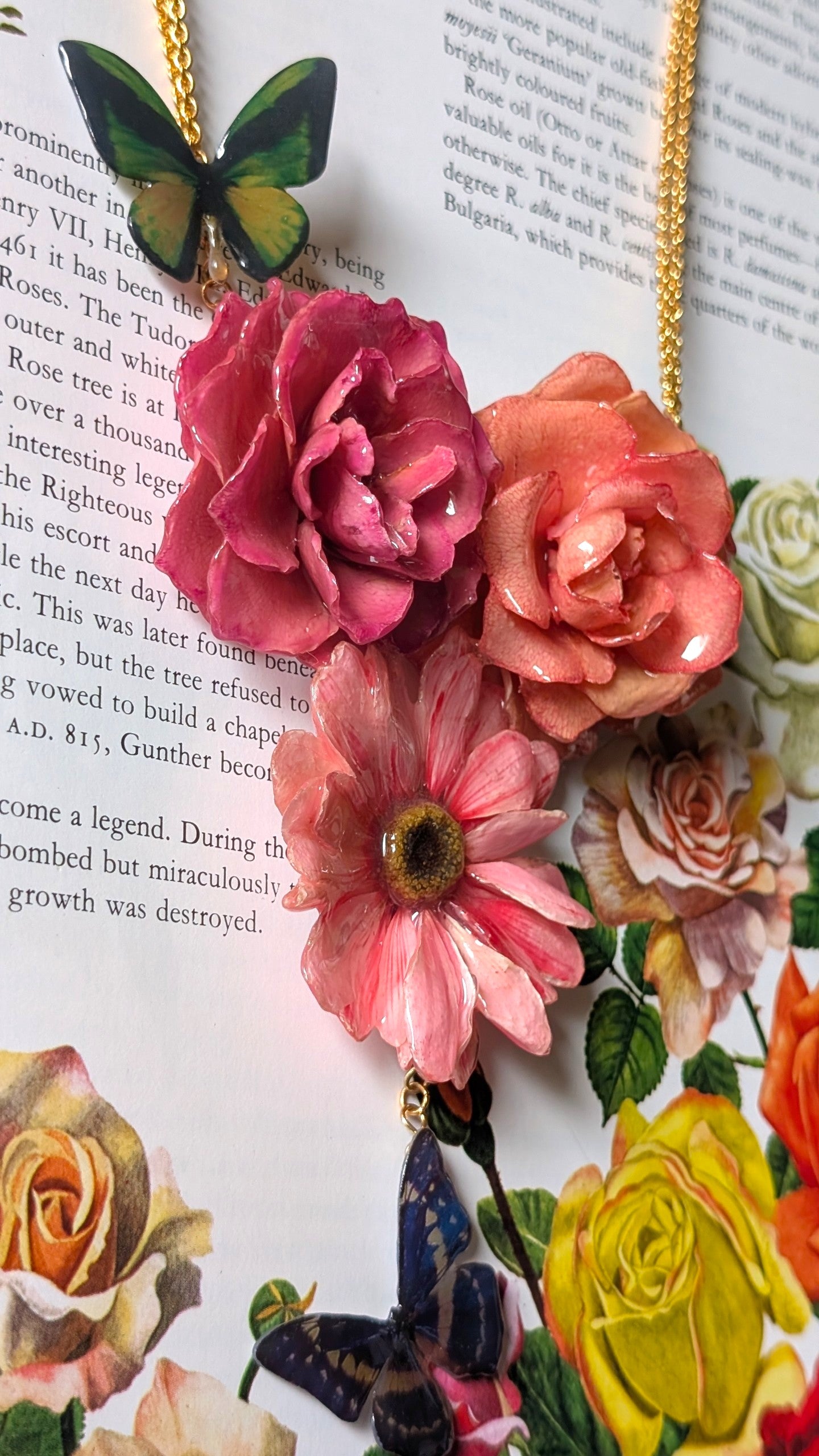 Real Rose & Aster Pink Butterfly Necklace