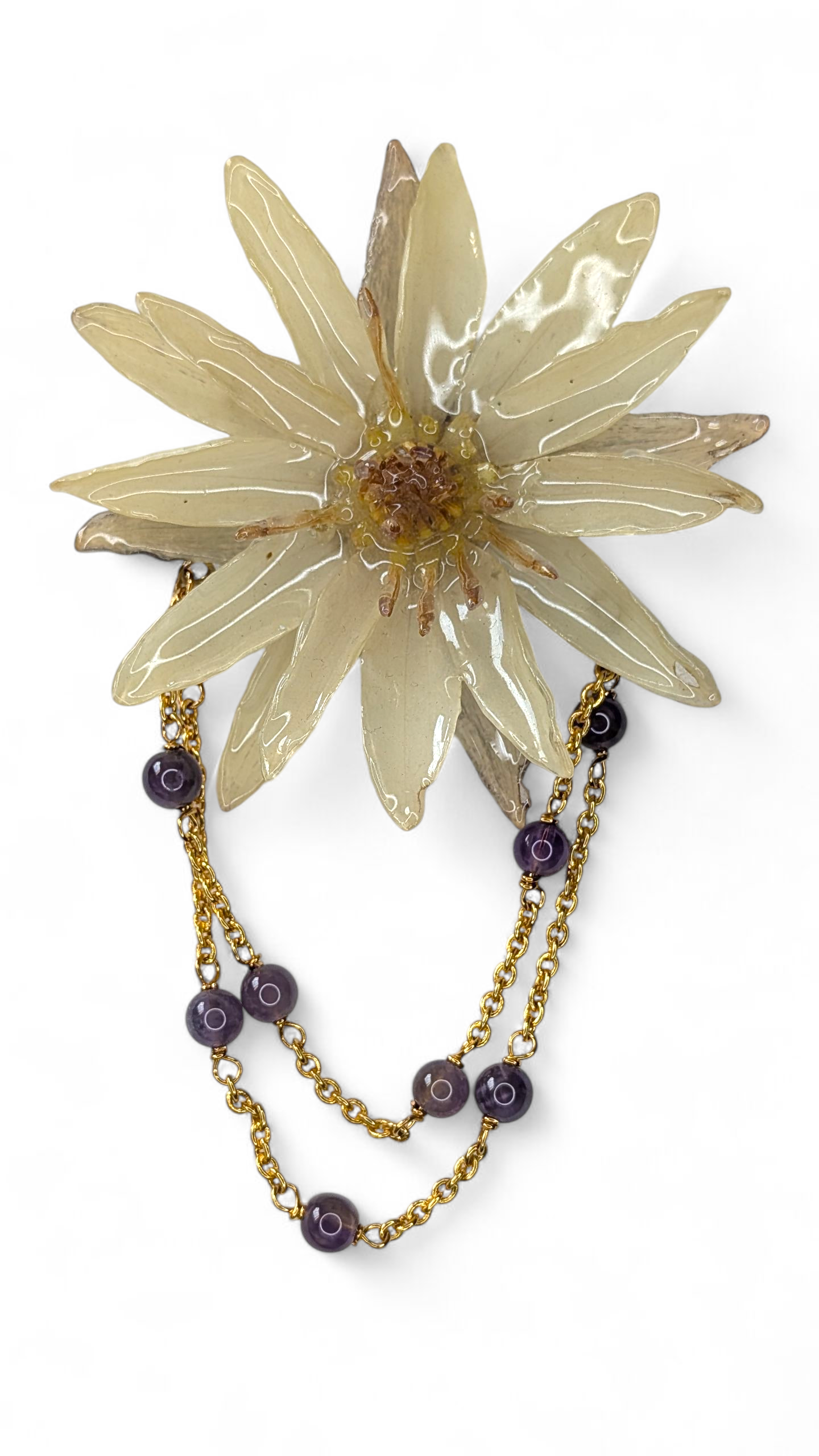 Real Waterlily & Amethyst Brooch
