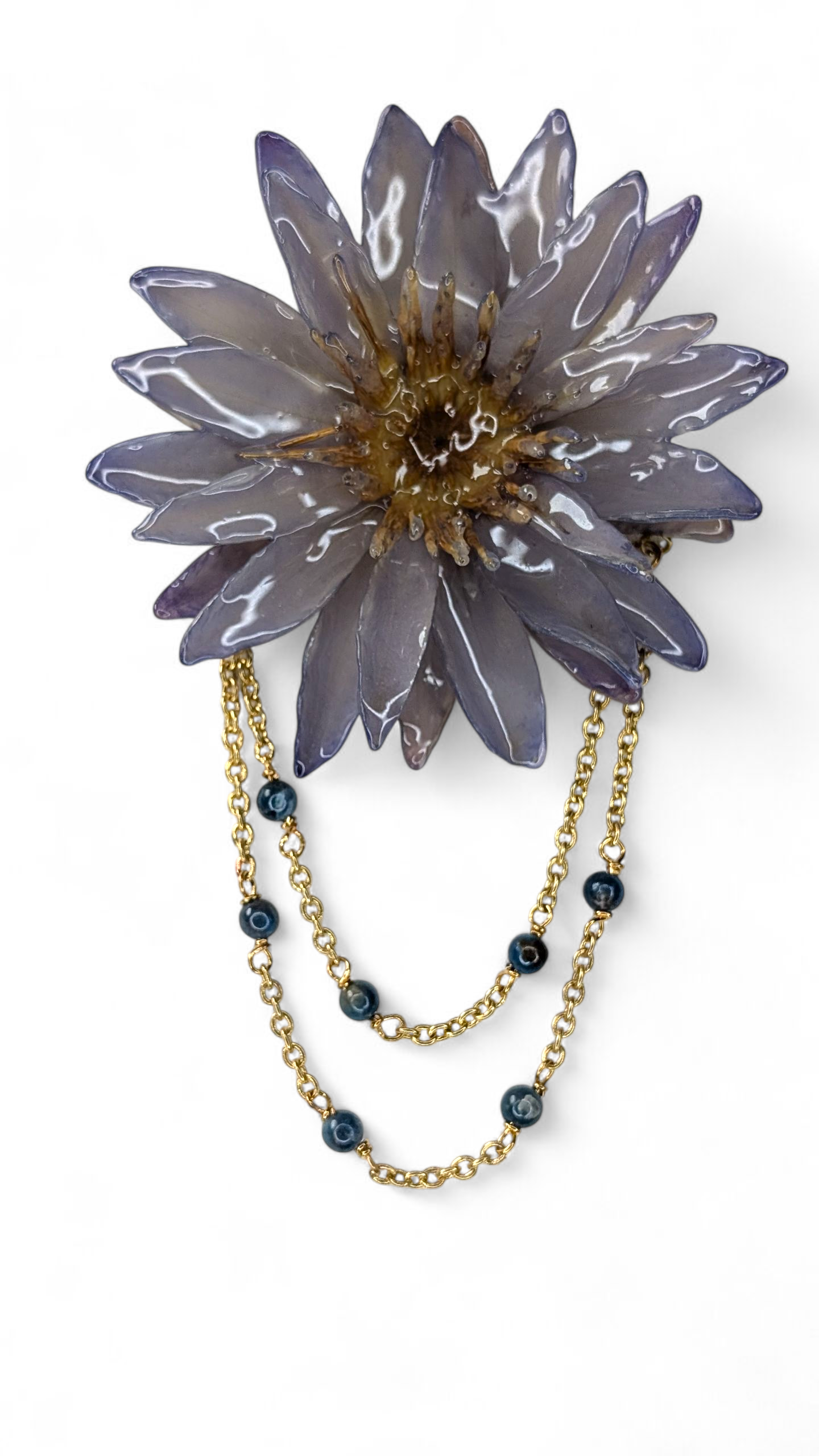 Real Waterlily & Blue Apatite Brooch
