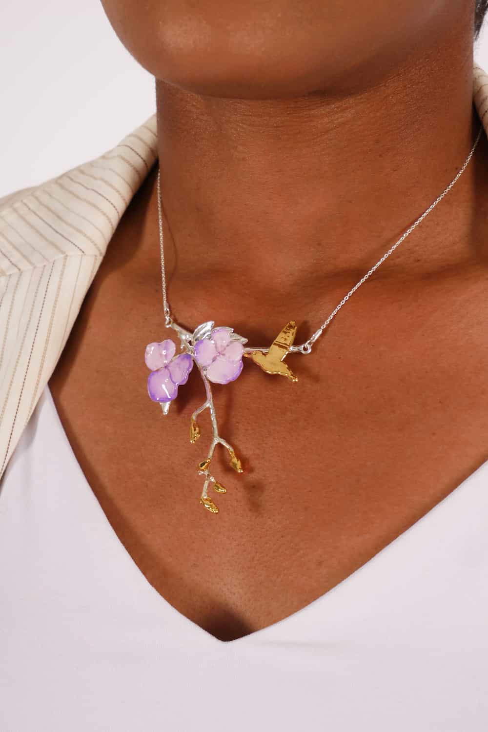 Sterling Silver Hummingbird & Real Hydrangea Necklace