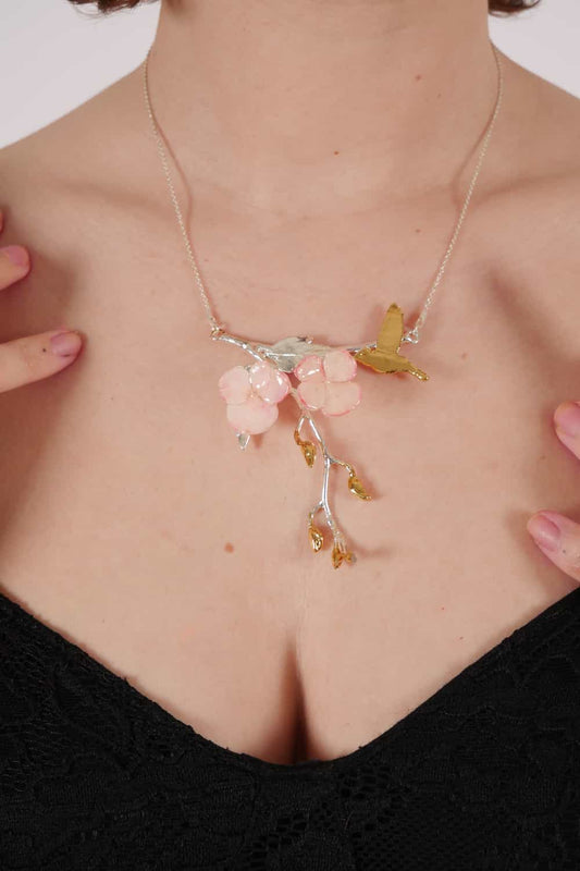 Sterling Silver Hummingbird & Real Hydrangea Necklace