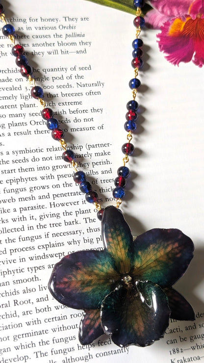 Real Cattleya Orchid Beaded Chain Necklace