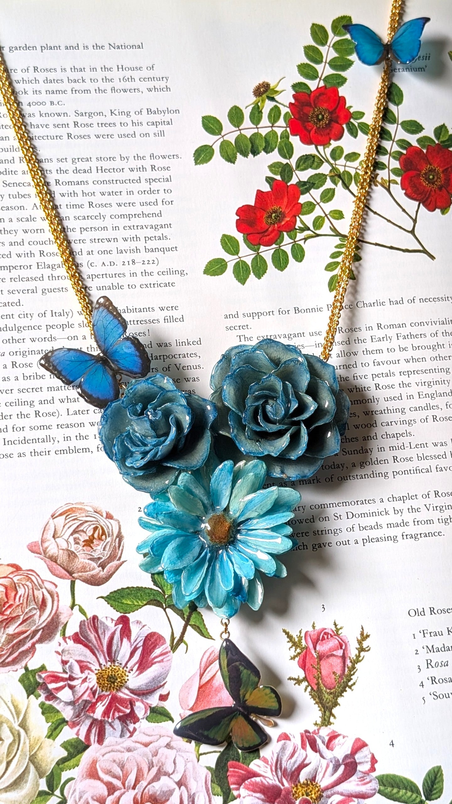 Real Rose & Aster Blue Butterfly Necklace