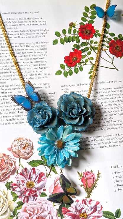 Real Rose & Aster Blue Butterfly Necklace