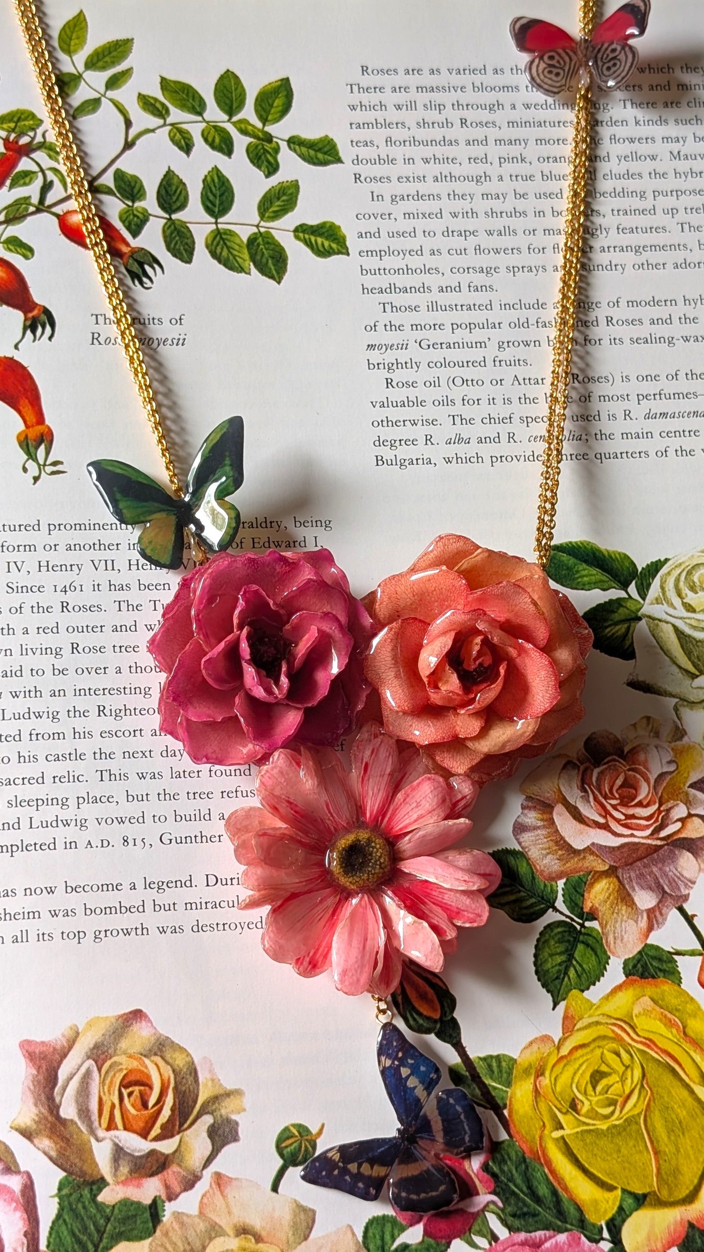 Real Rose & Aster Pink Butterfly Necklace