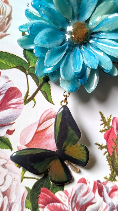 Real Rose & Aster Blue Butterfly Necklace