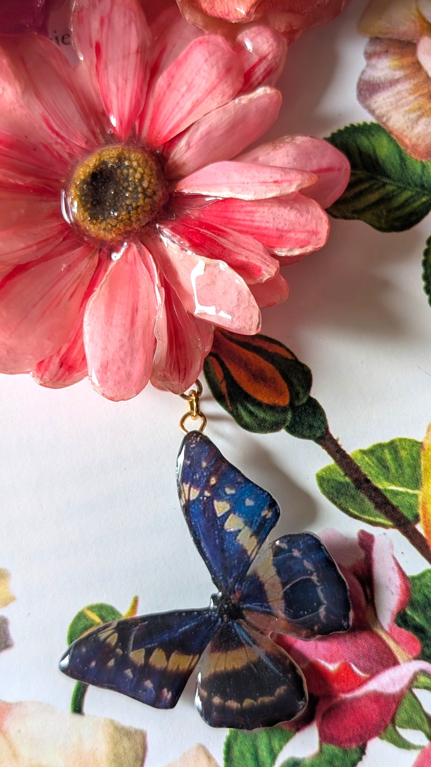 Real Rose & Aster Pink Butterfly Necklace