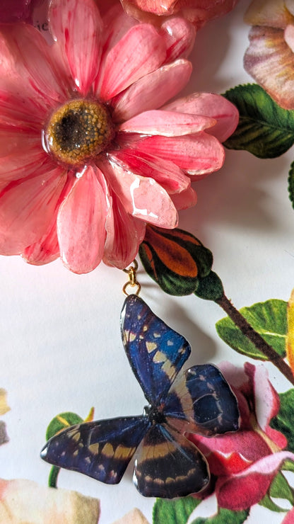 Real Rose & Aster Pink Butterfly Necklace