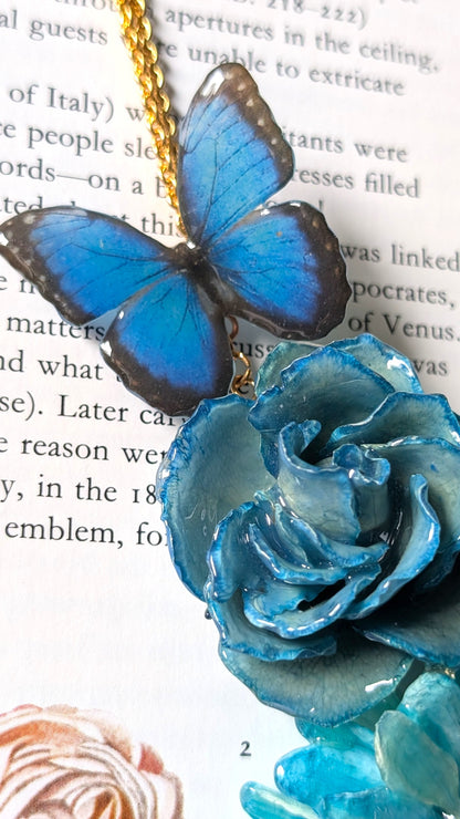 Real Rose & Aster Blue Butterfly Necklace