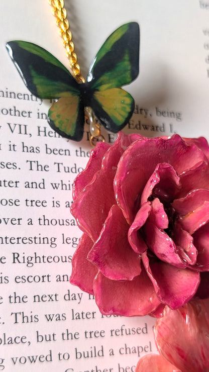 Real Rose & Aster Pink Butterfly Necklace