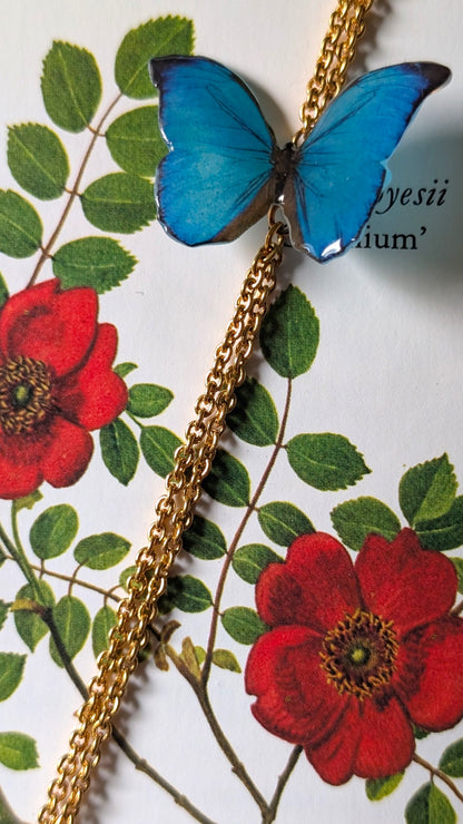 Real Rose & Aster Blue Butterfly Necklace