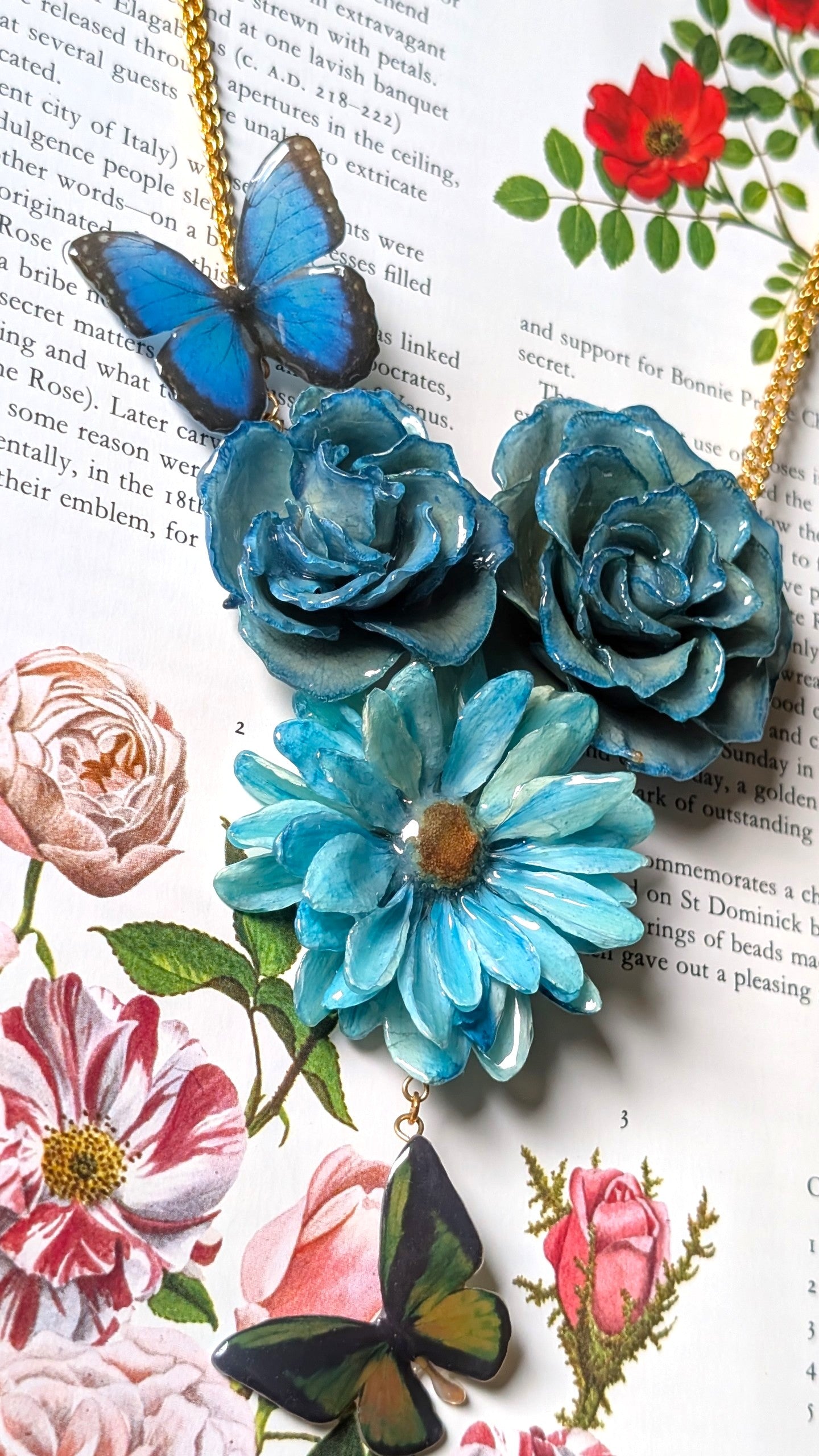Real Rose & Aster Blue Butterfly Necklace