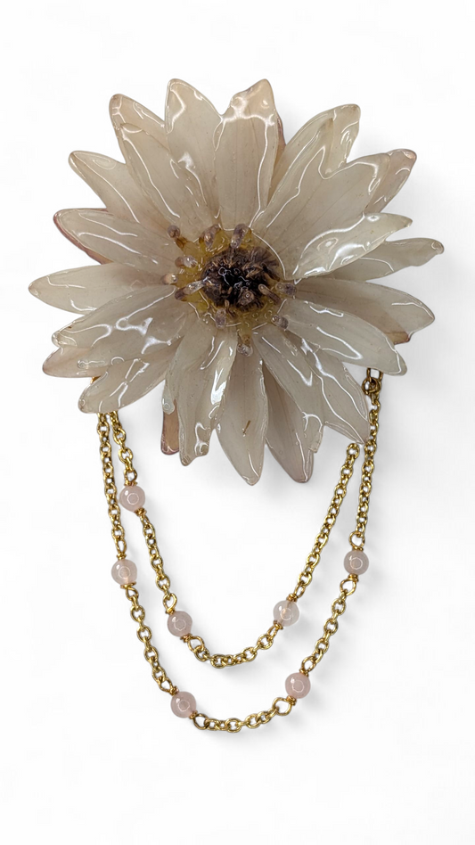 Real Waterlily & Rose Quartz Brooch