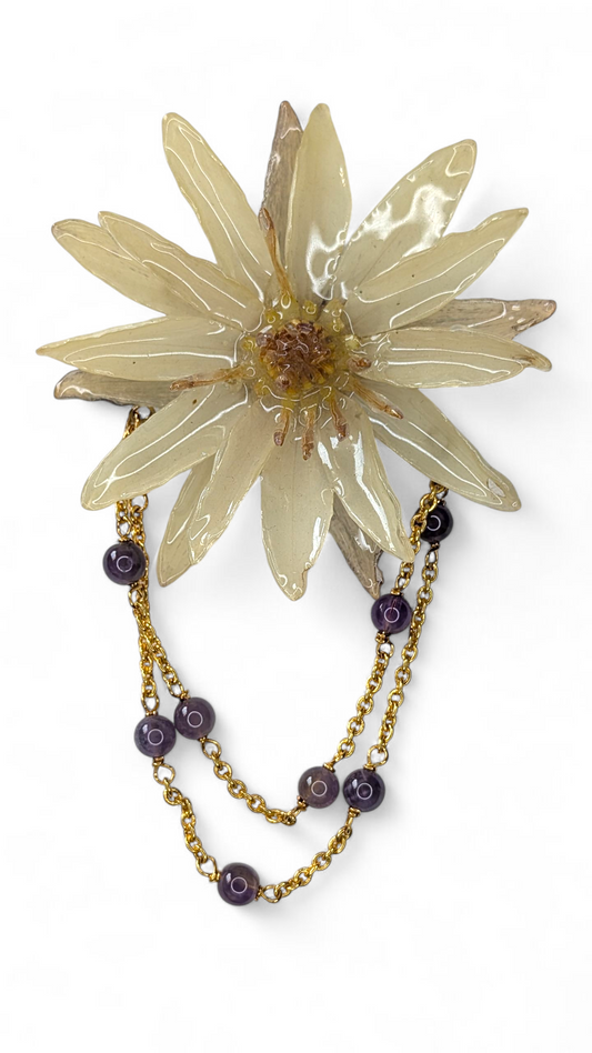 Real Waterlily & Amethyst Brooch